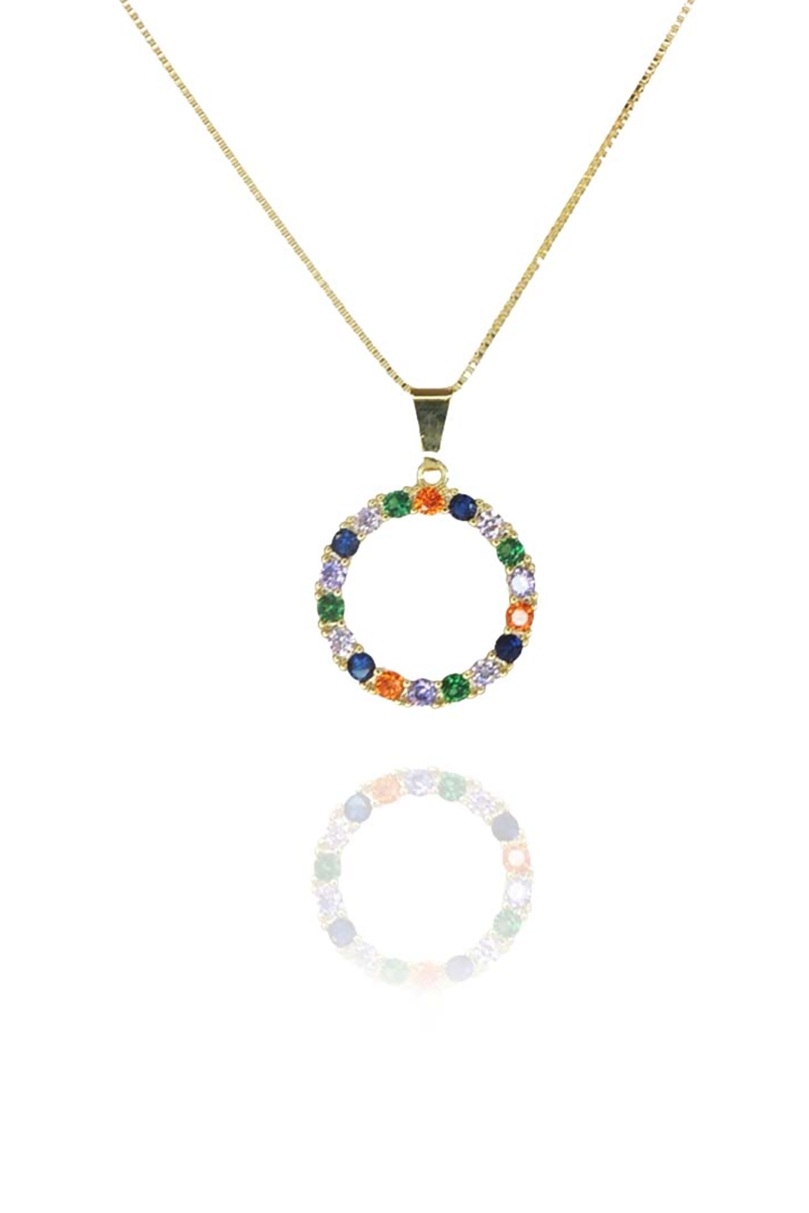 Colar Pingente Circulo De Zircônia Colorida Folheado A Ouro 18k