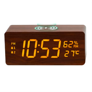 Relógio Digital Carregador Indução Despertador Marrom