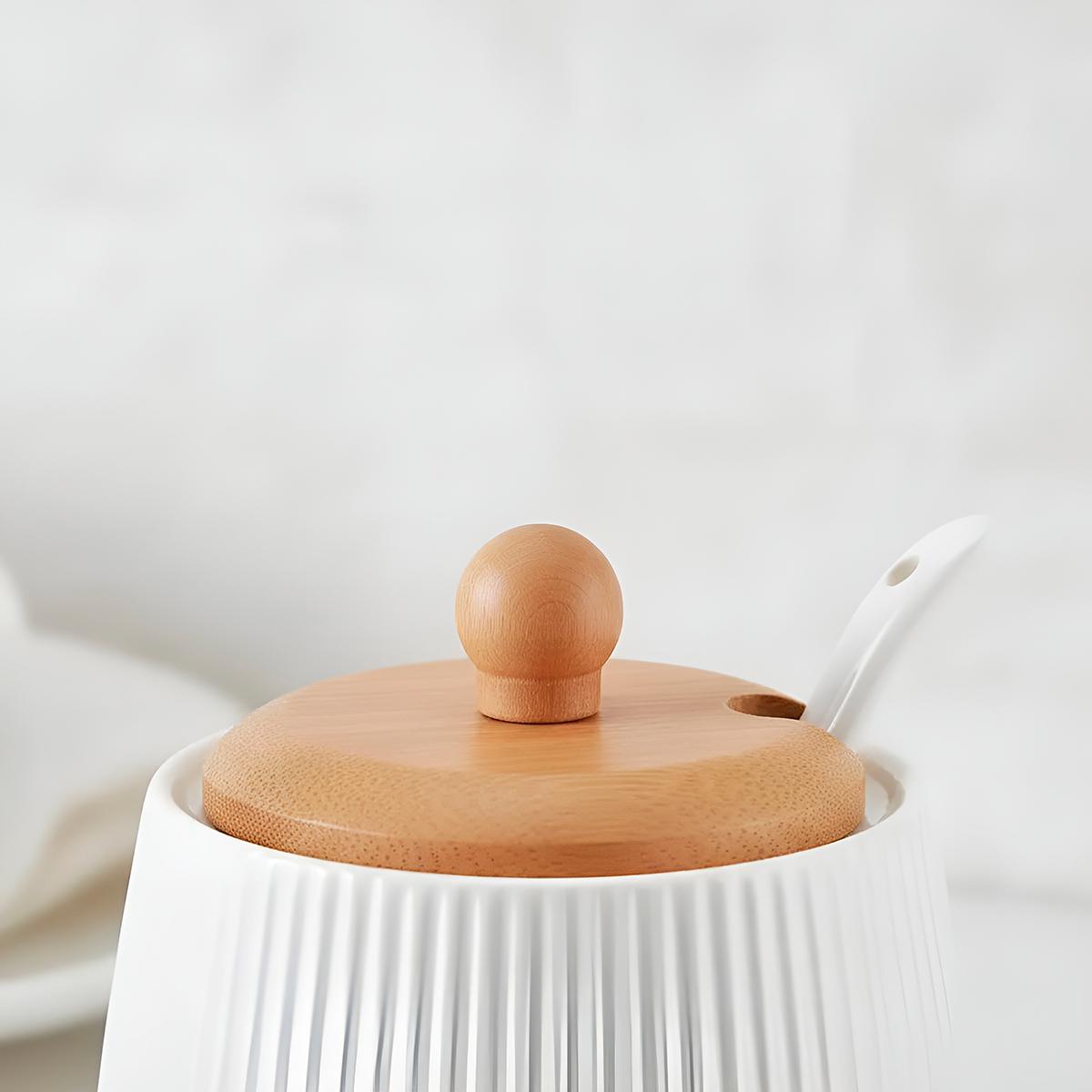 Açucareiro Colher Cerâmica Tampa Bambu Utensílios - Imagem 2